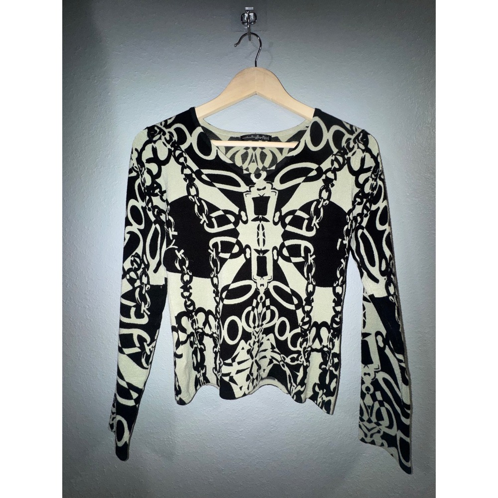 Pierri New York Womens Small V-Neck Knit Top Black Chain Print Sweater